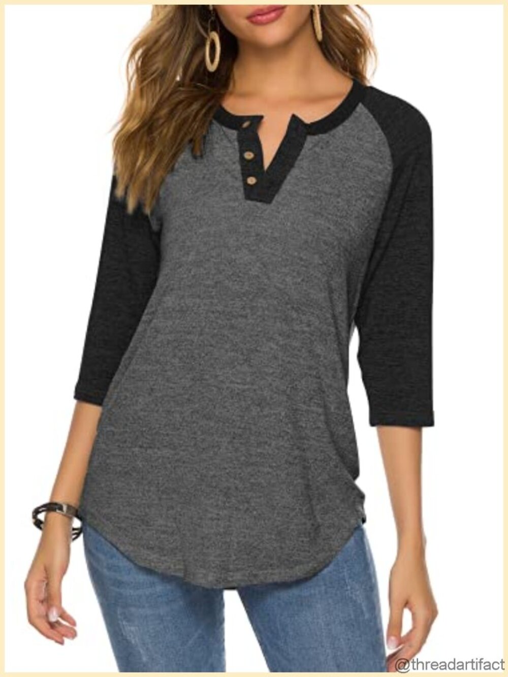 HOCOSIT Womens Raglan V Neck Henley Top 3/4 Sleeve Tunic Blouse